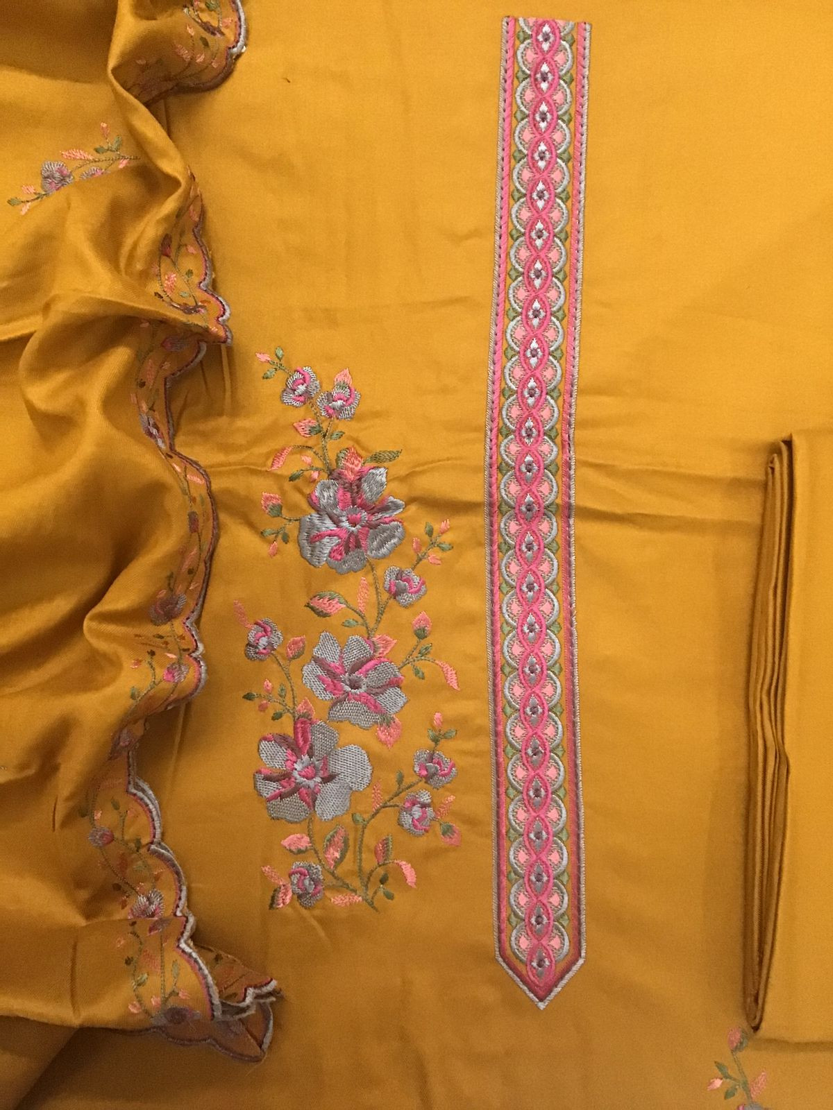 Soft Woollen Slub Silk Embroidered Suit - Yellowish Orange