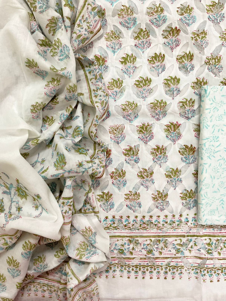 Image of Pure Cotton Printed Applique Work Suit - White