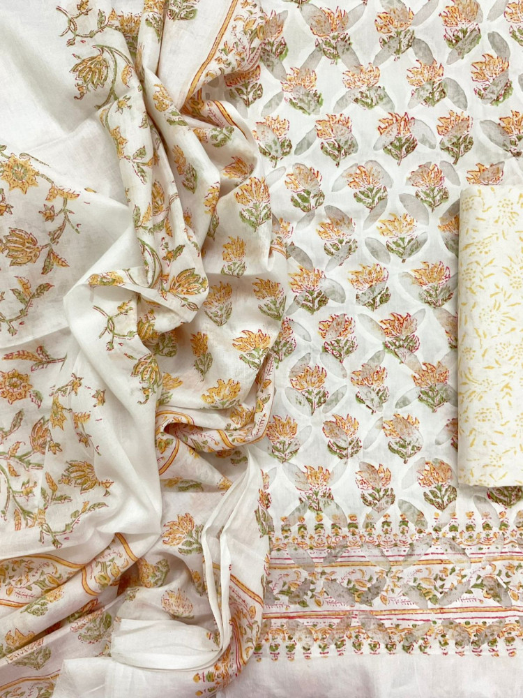 Image of Pure Cotton Printed Applique Work Suit - White