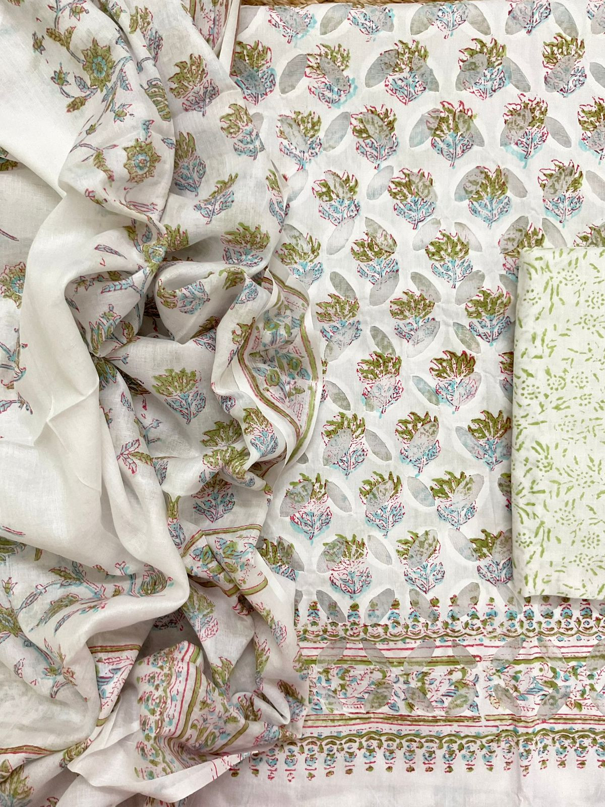 Pure Cotton Printed Applique Work Suit - White