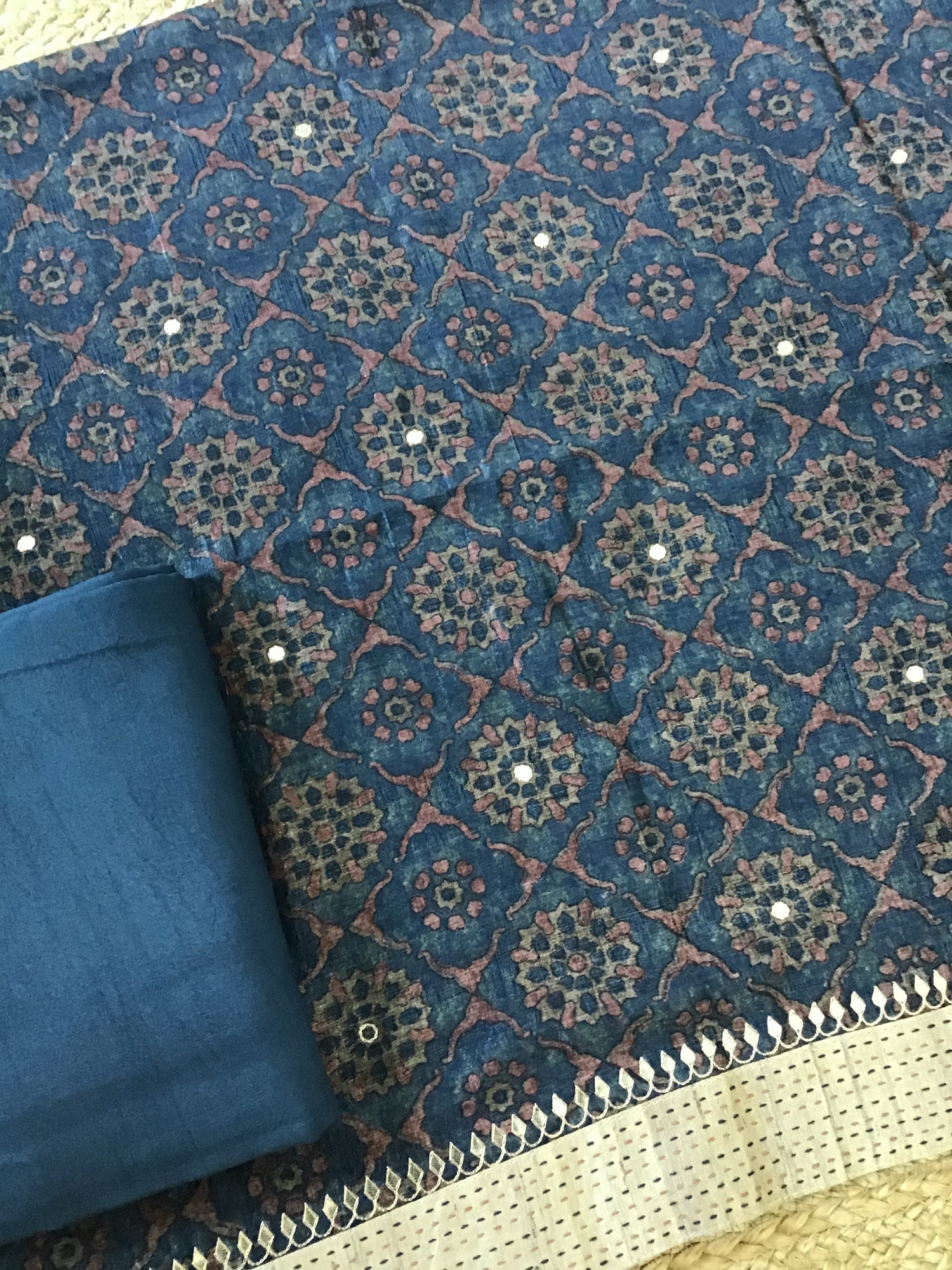 Soft Semi Tussar Printed Embroidered Suit - Blue