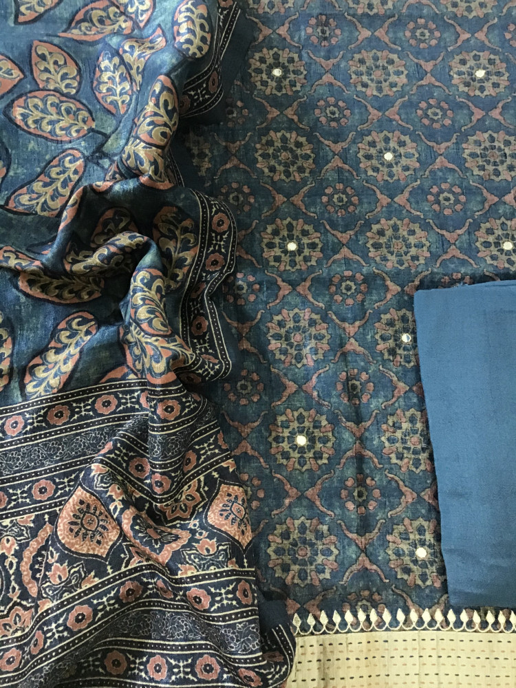 Image of Soft Semi Tussar Printed Embroidered Suit - Blue