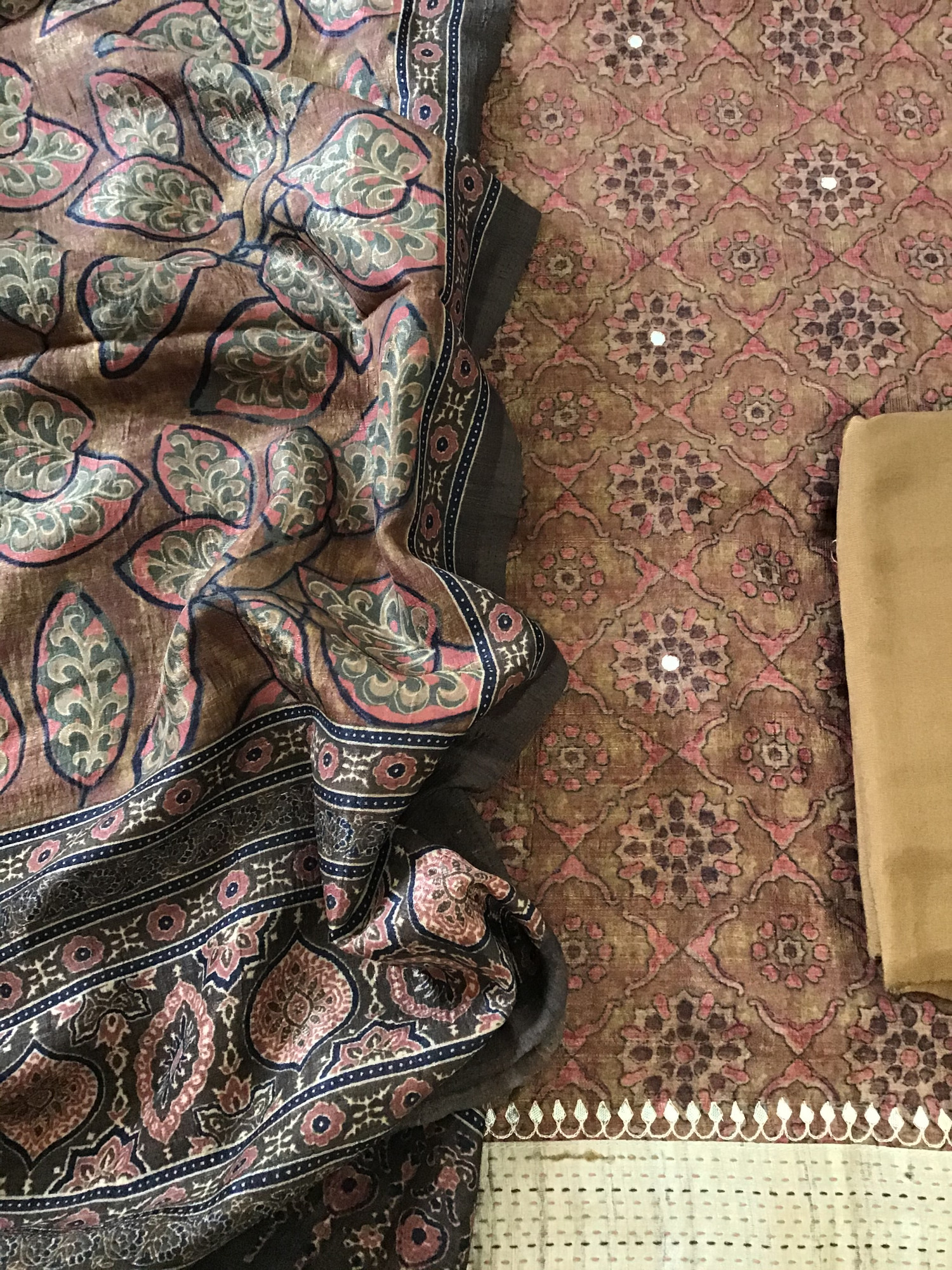 Soft Semi Tussar Printed Embroidered Suit - Brown