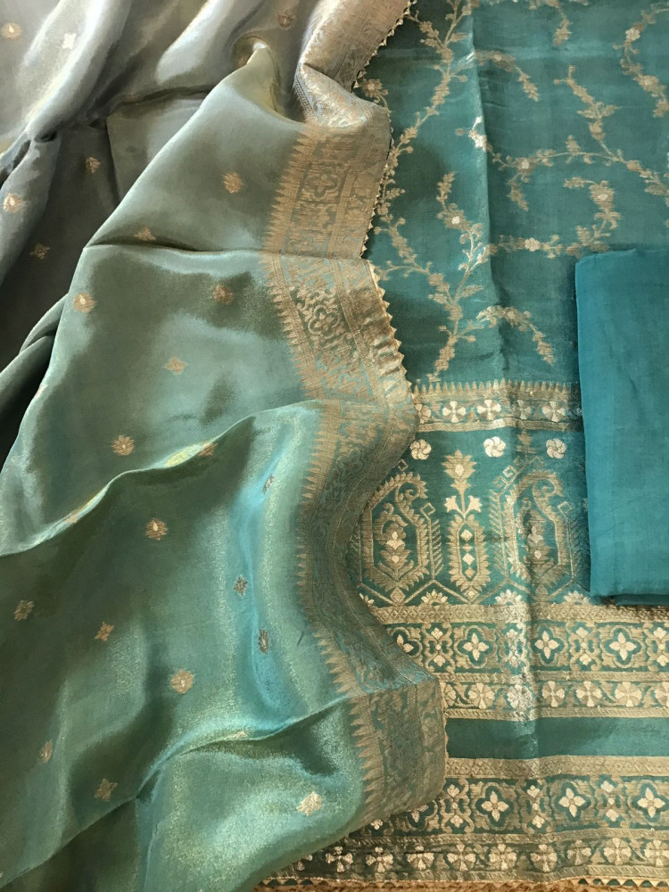 Image of Pure Tissue Chanderi Banarasi Weaved Suit - Peacock Green