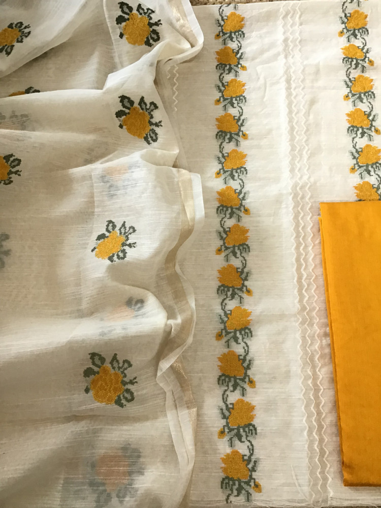 Image of Soft Slub Chanderi Embroidered Suit - Off White