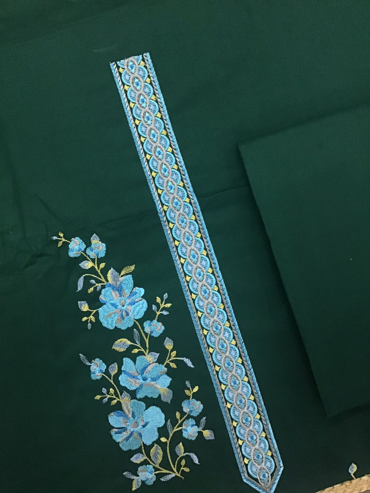 Soft Woollen Slub Silk Embroidered Suit - Green