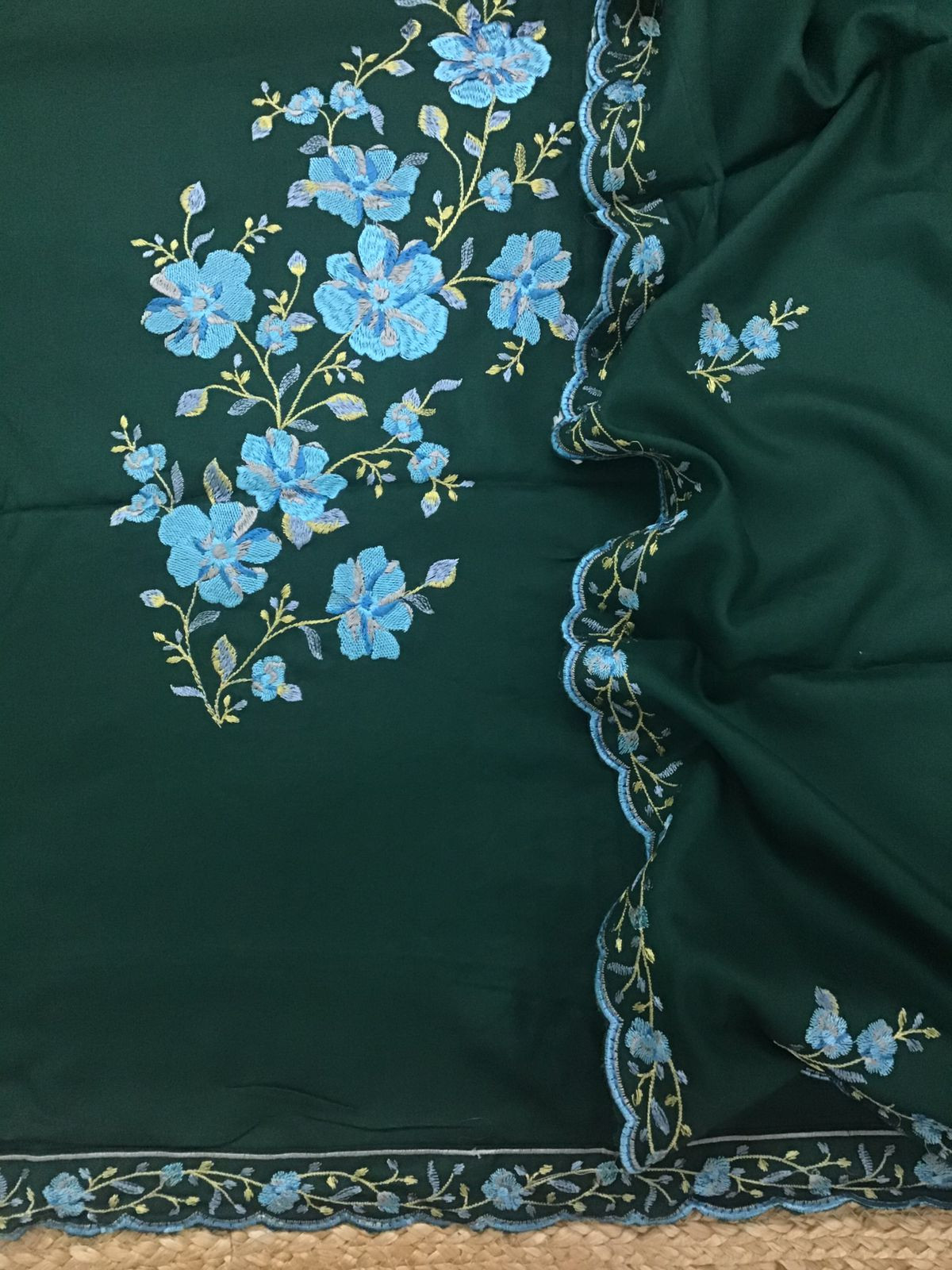 Soft Woollen Slub Silk Embroidered Suit - Green