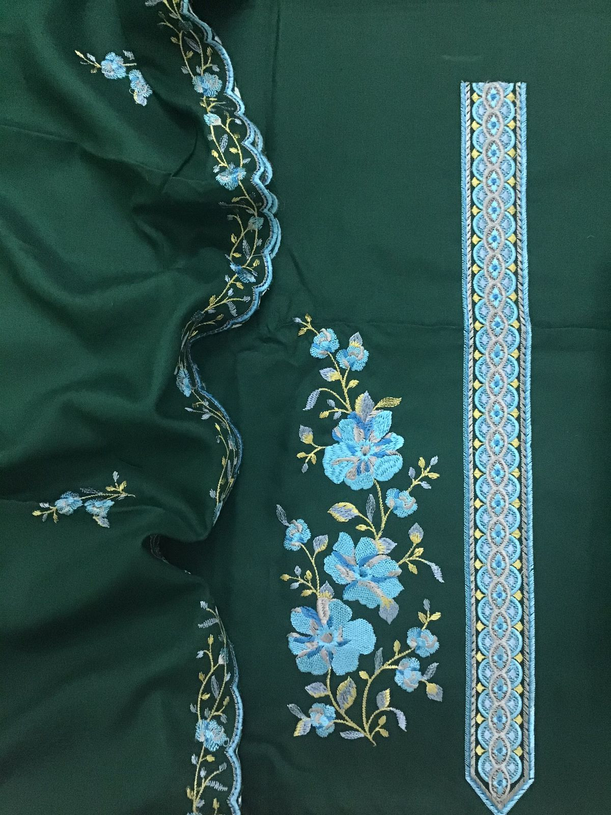 Soft Woollen Slub Silk Embroidered Suit - Green