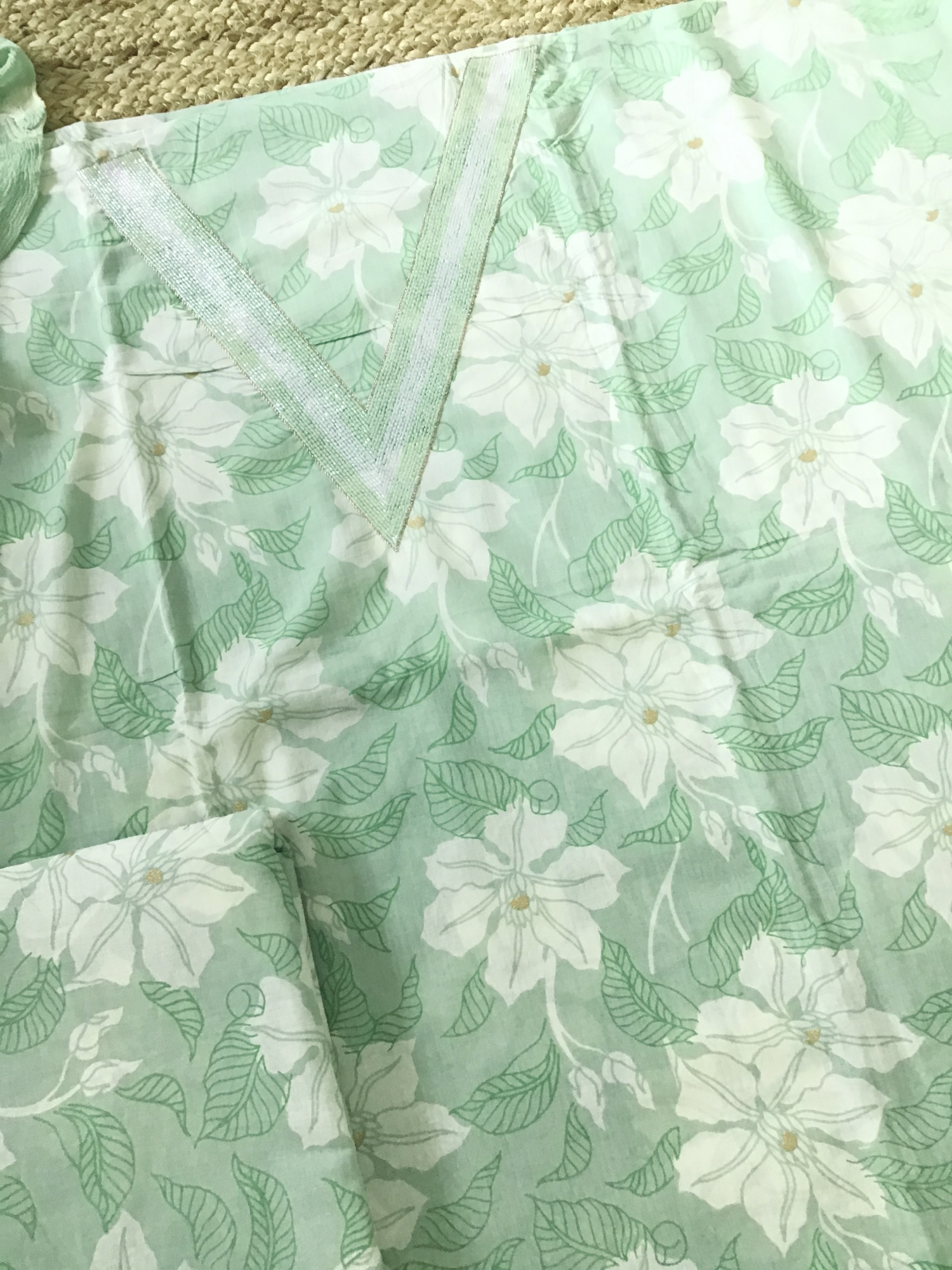 Pure Cotton Printed Embroidered Suit - Green