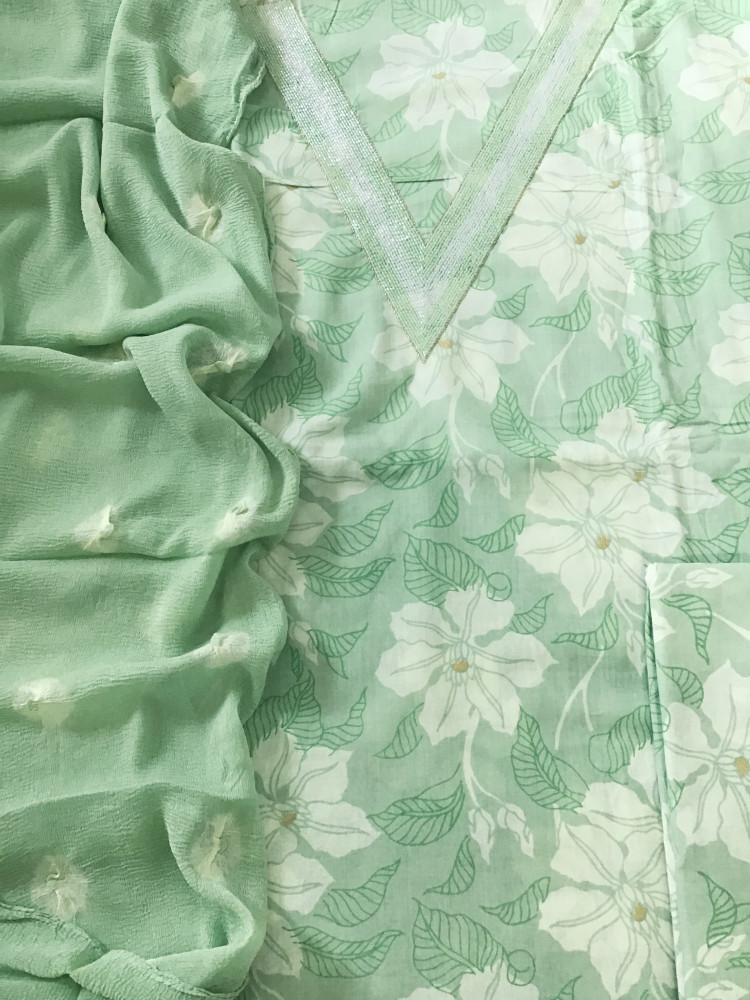 Image of Pure Cotton Printed Embroidered Suit - Green