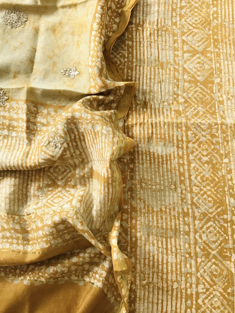 Image of Pure Chanderi Printed Embroidered Suit - Yellow