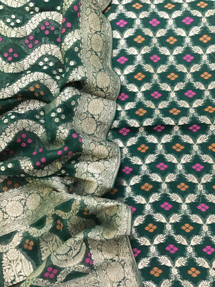 Image of Pure Georgette Banarasi Weaved Suit - Green