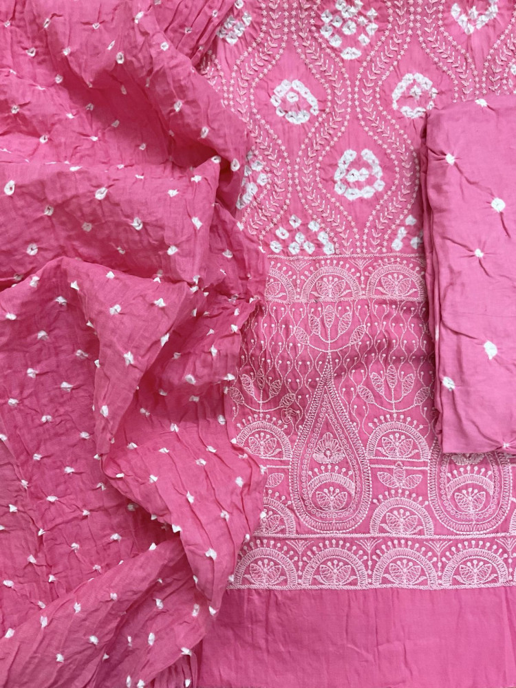 Image of Pure Jaam Cotton Bandhani Printed Embroidered Suit - Pink