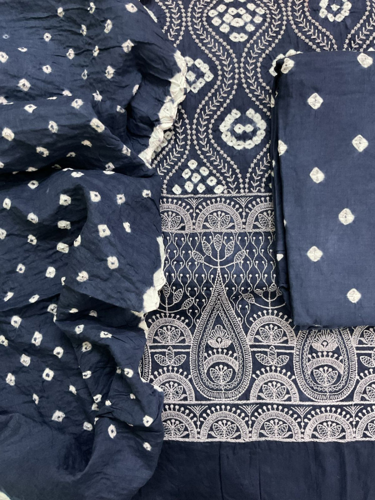 Image of Pure Jaam Cotton Bandhani Printed Embroidered Suit - Navy Blue