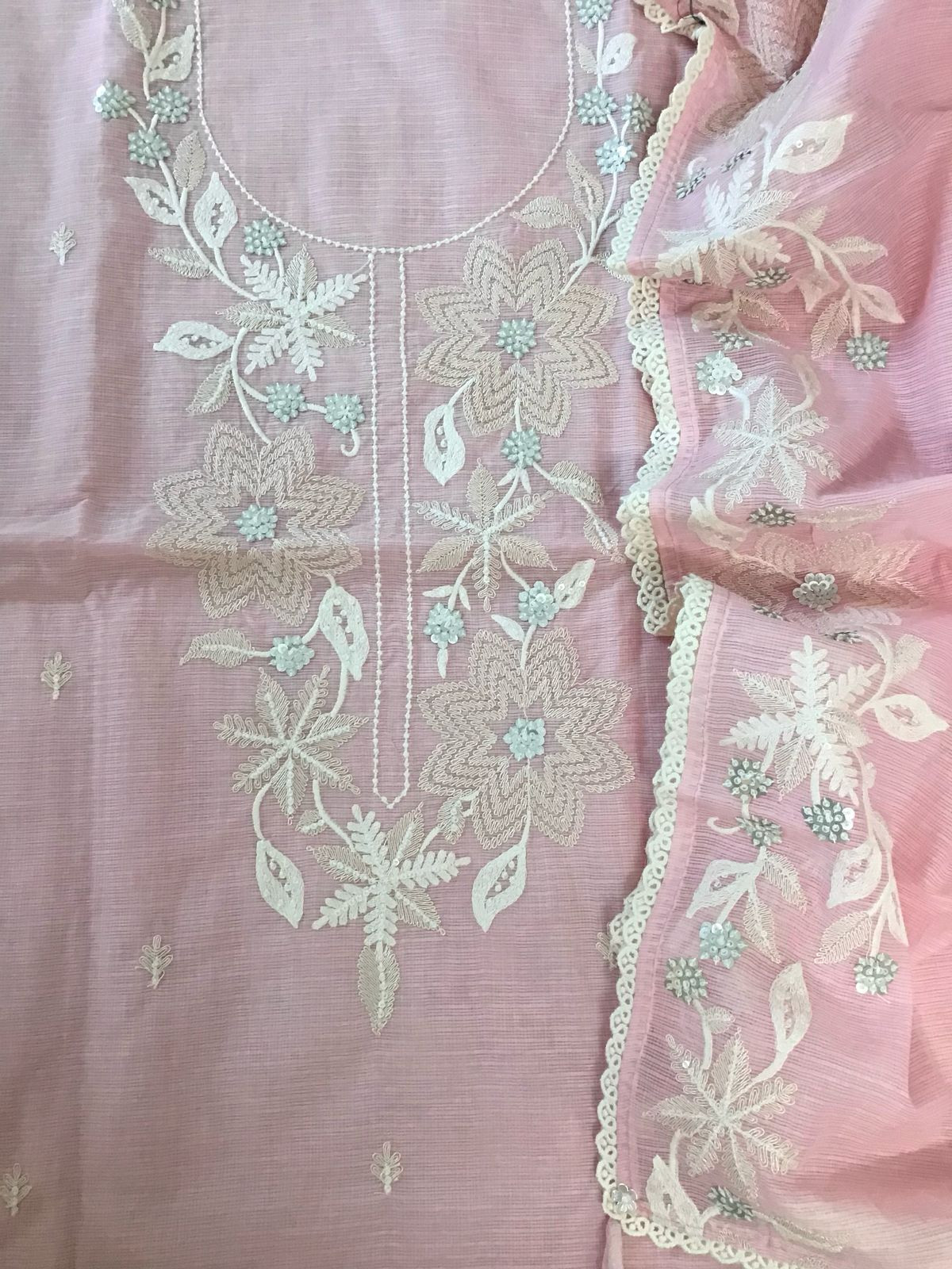 Soft Kota Silk Embroidered Suit - Pink