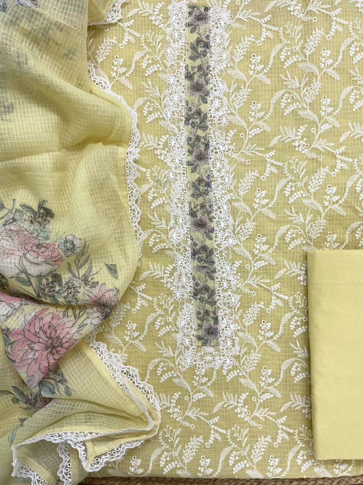 Image of Pure Fine Kota Cotton Printed Embroidered Suit - Yellow