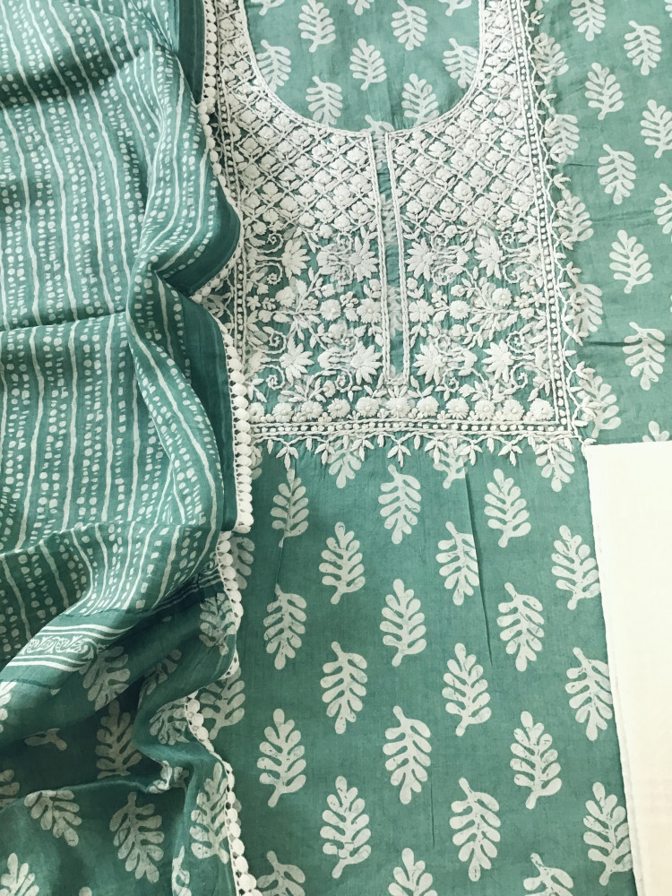 Image of Pure Fine Mul Cotton Batik Printed Embroidered Suit - Green
