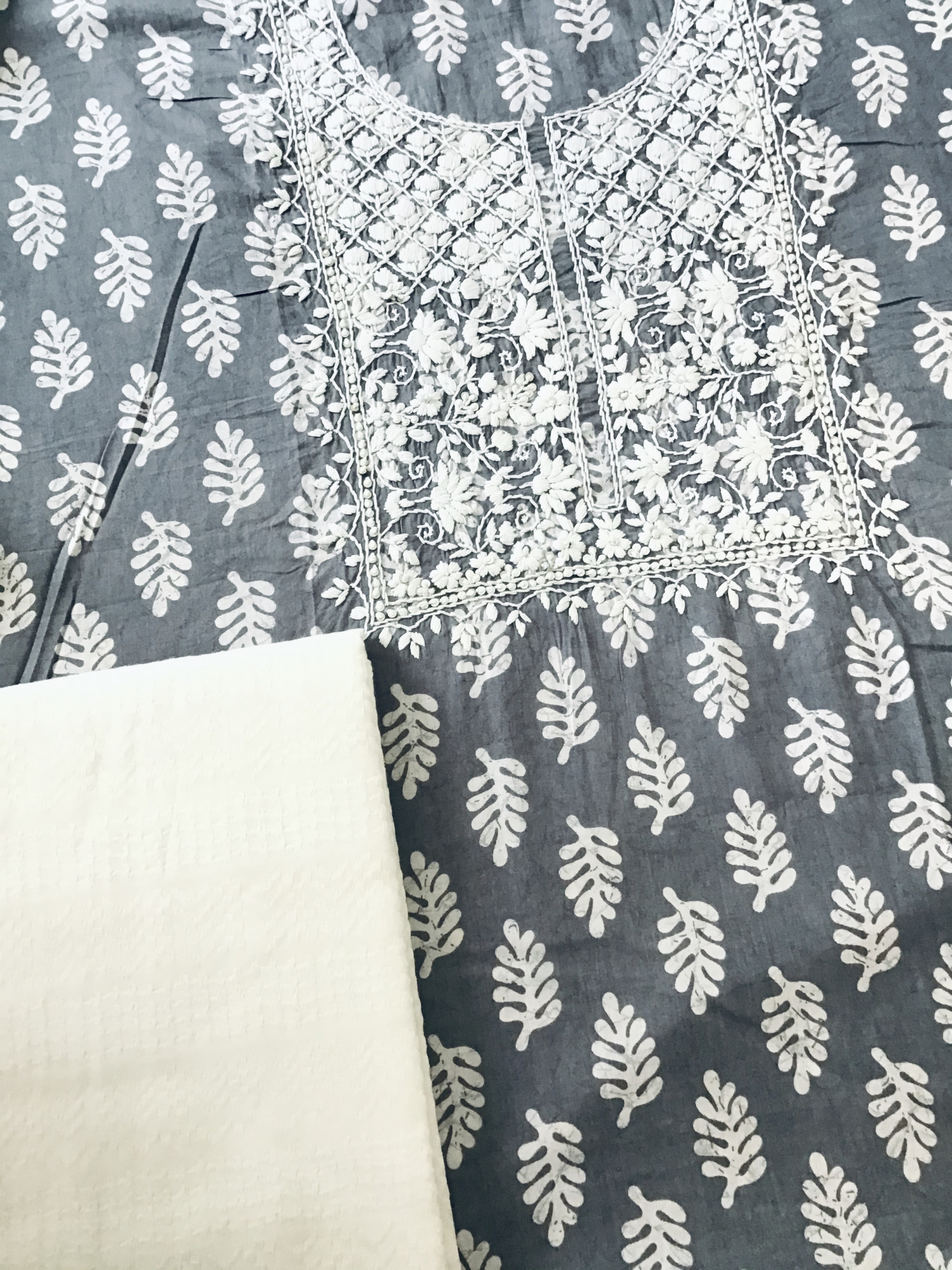 Pure Fine Mul Cotton Batik Printed Embroidered Suit - Grey