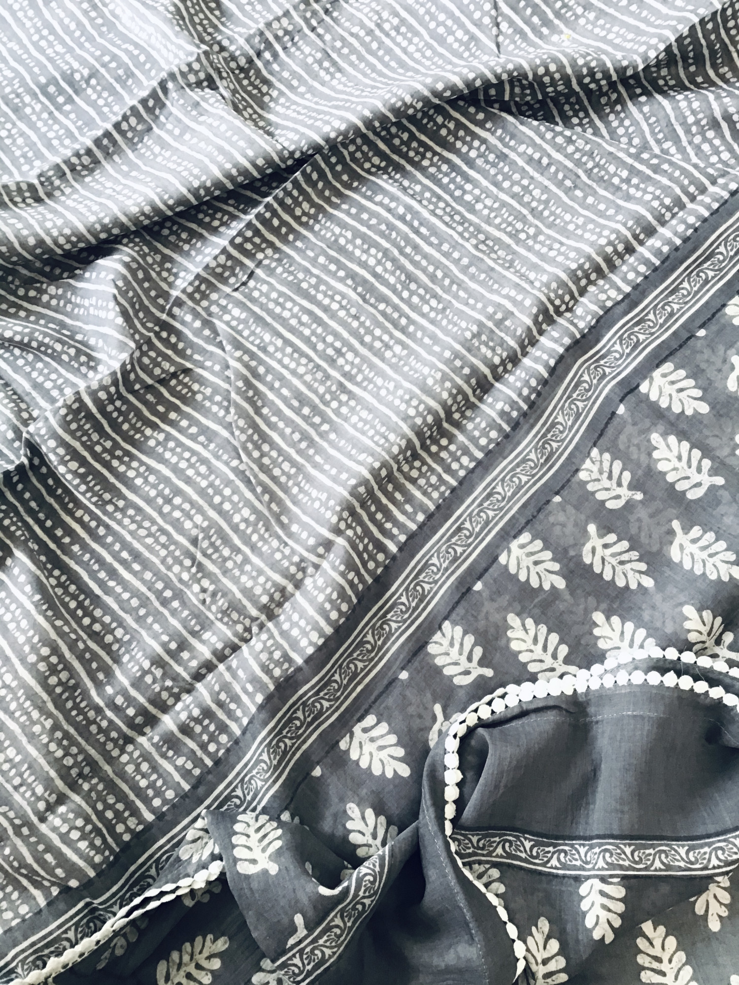 Pure Fine Mul Cotton Batik Printed Embroidered Suit - Grey