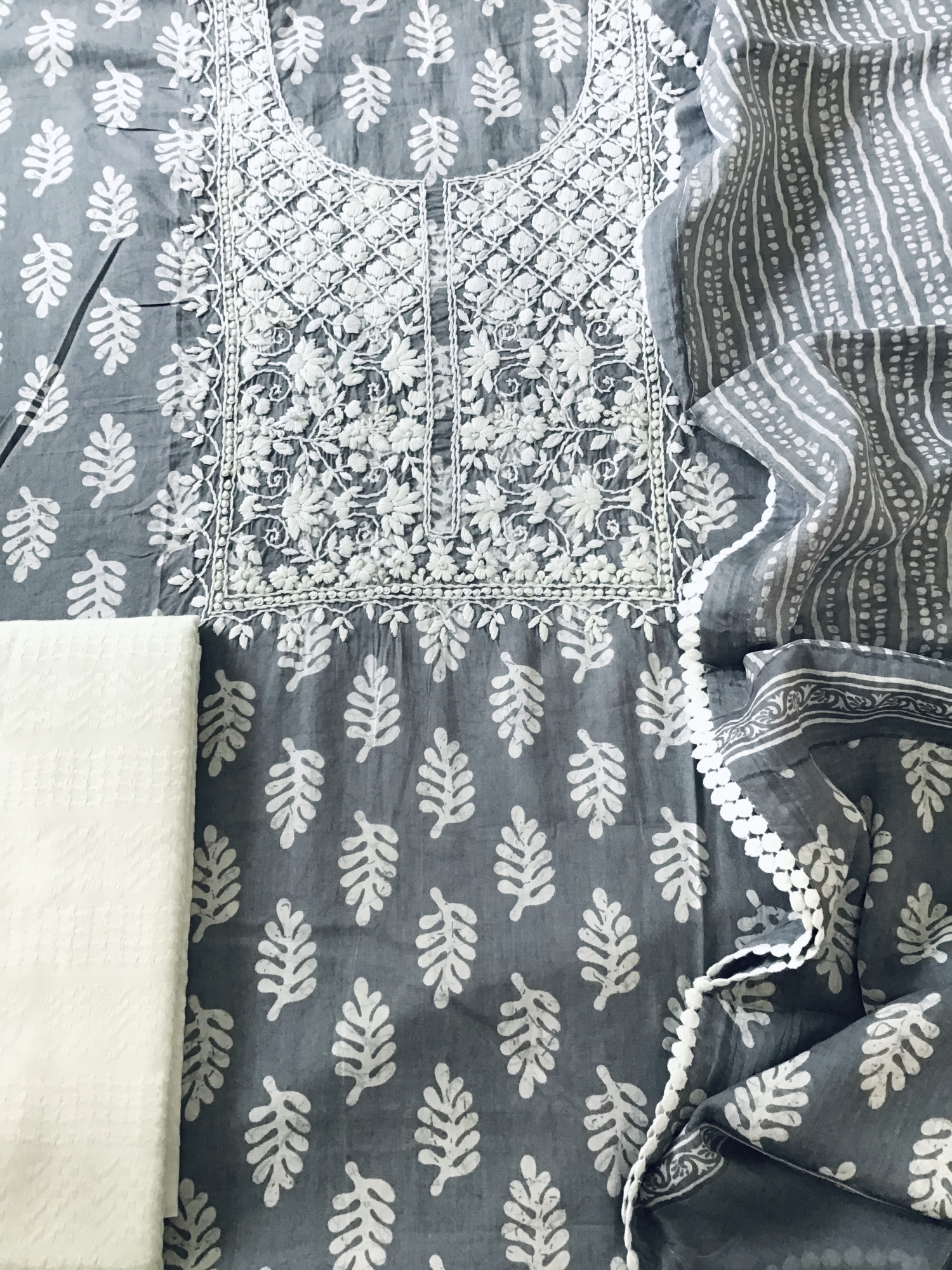Pure Fine Mul Cotton Batik Printed Embroidered Suit - Grey
