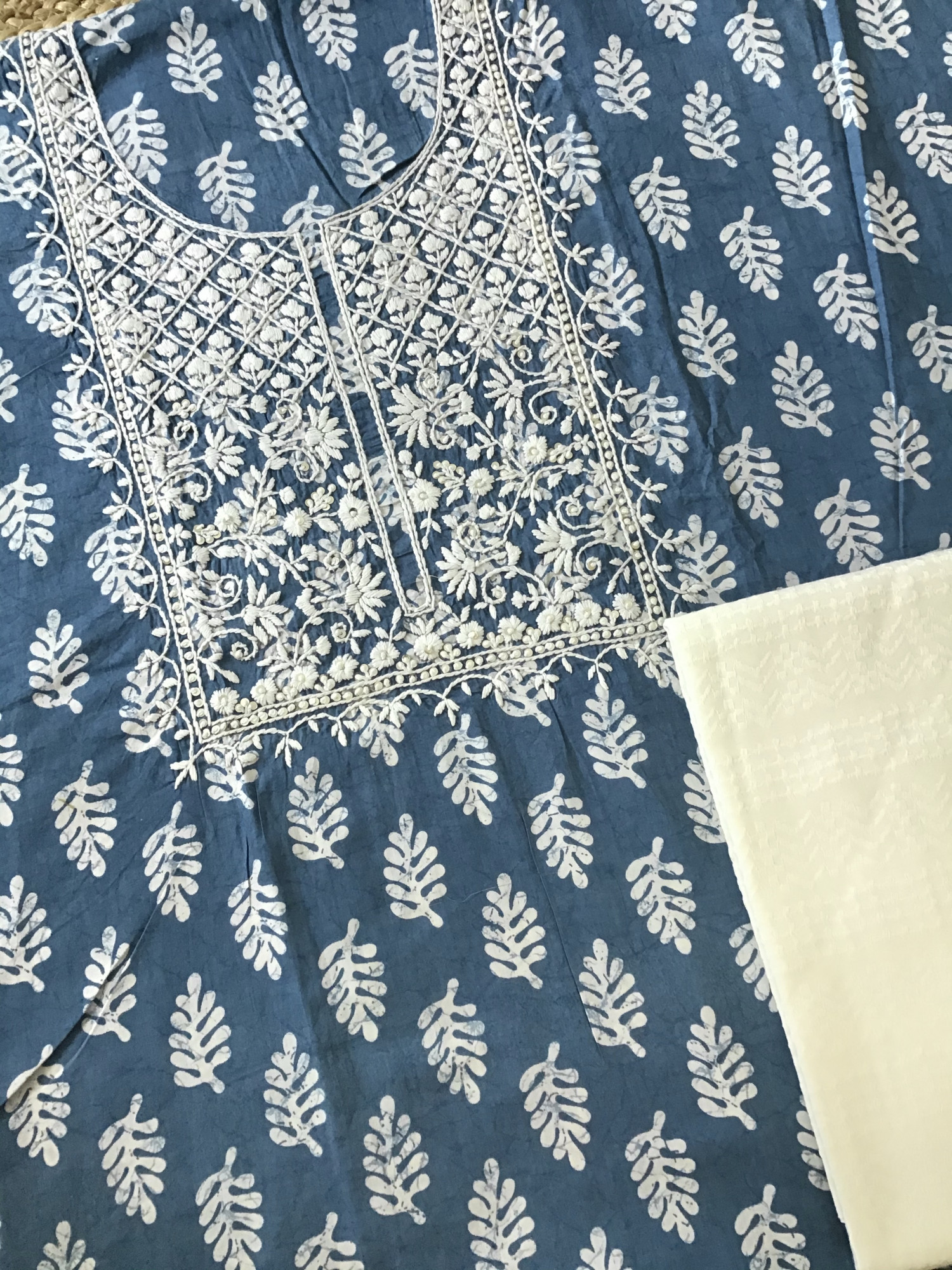 Pure Fine Mul Cotton Batik Printed Embroidered Suit - Blue