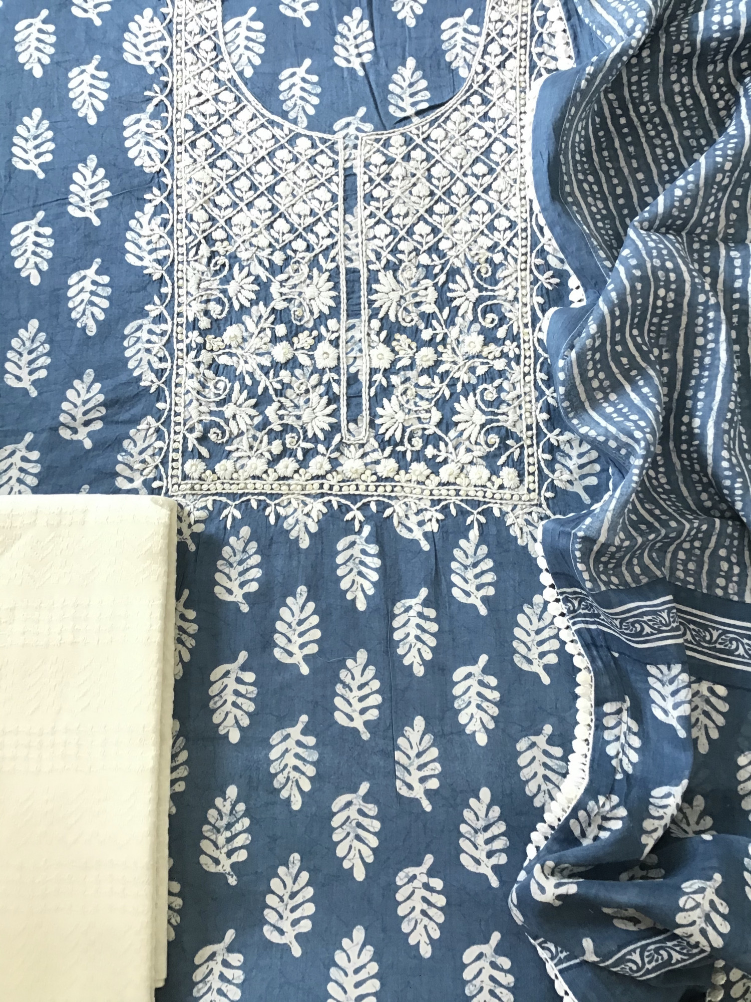 Pure Fine Mul Cotton Batik Printed Embroidered Suit - Blue