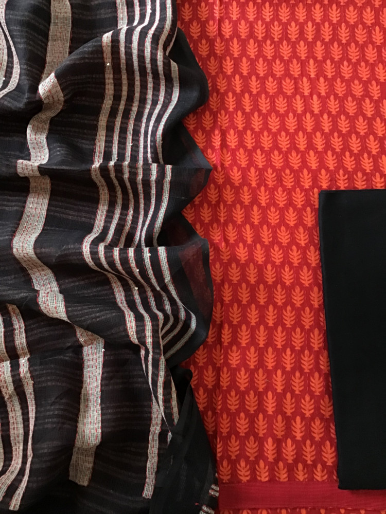 Image of Pure Fine Muslin Printed Embroidered Suit - Orange