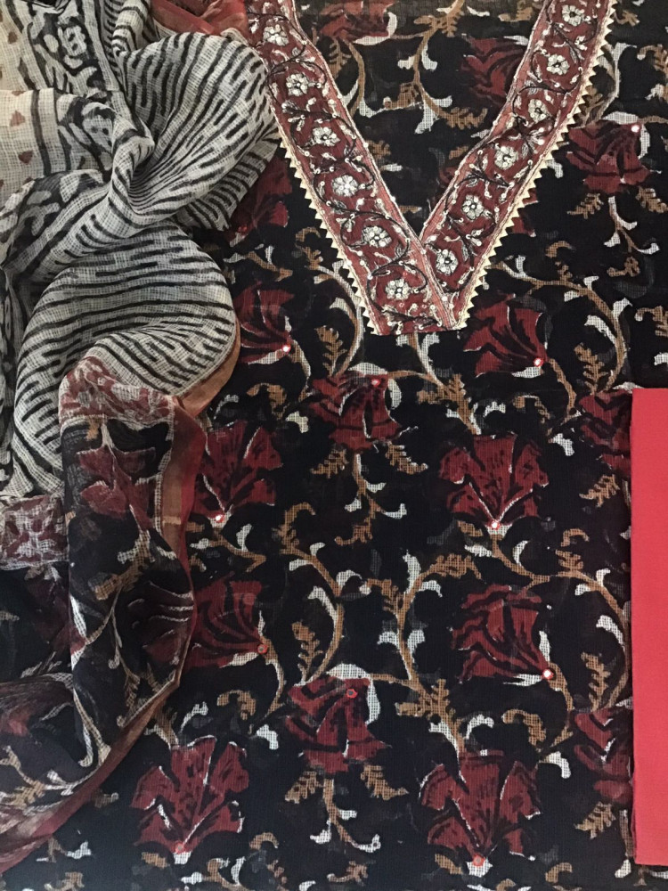 Image of Pure Fine Kota Cotton Printed Embroidered Suit - Black
