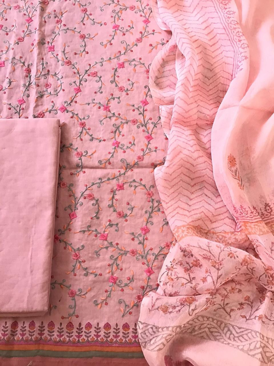 Pure Cotton Printed Embroidered Suit - Pink