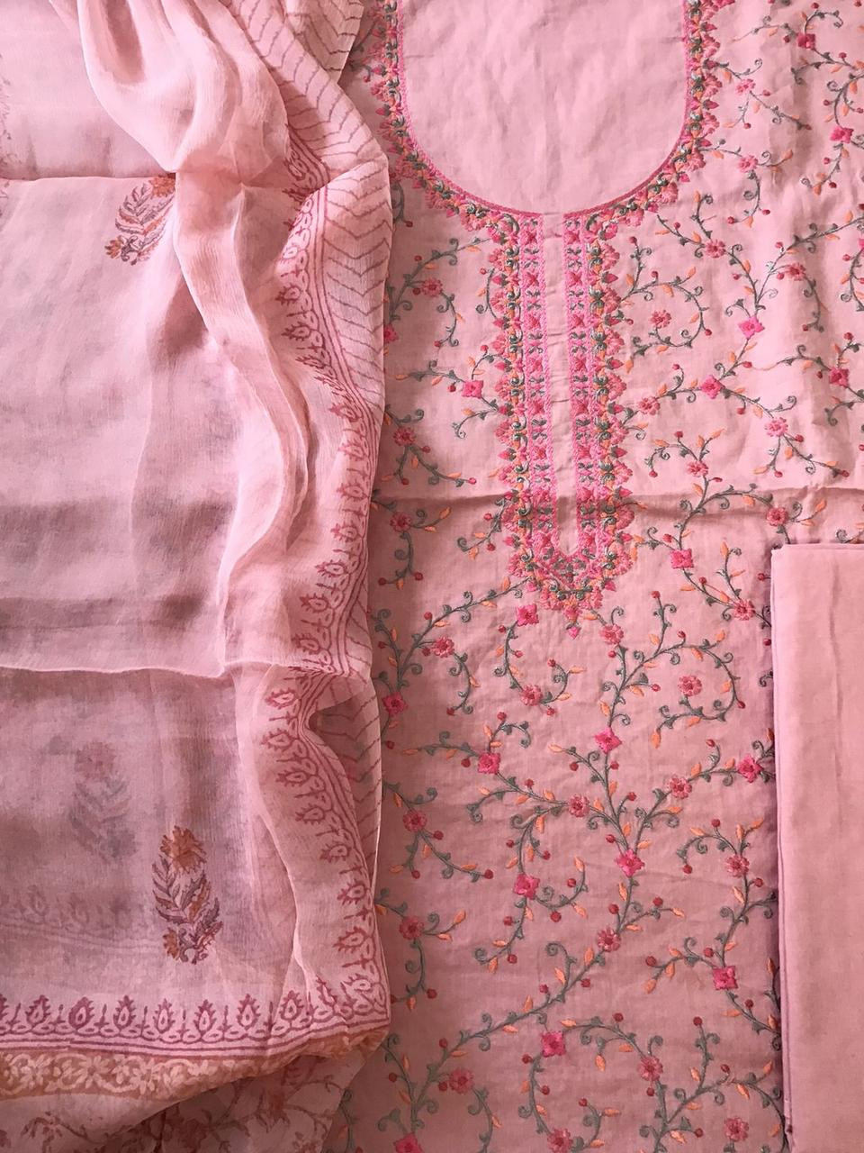 Pure Cotton Printed Embroidered Suit - Pink