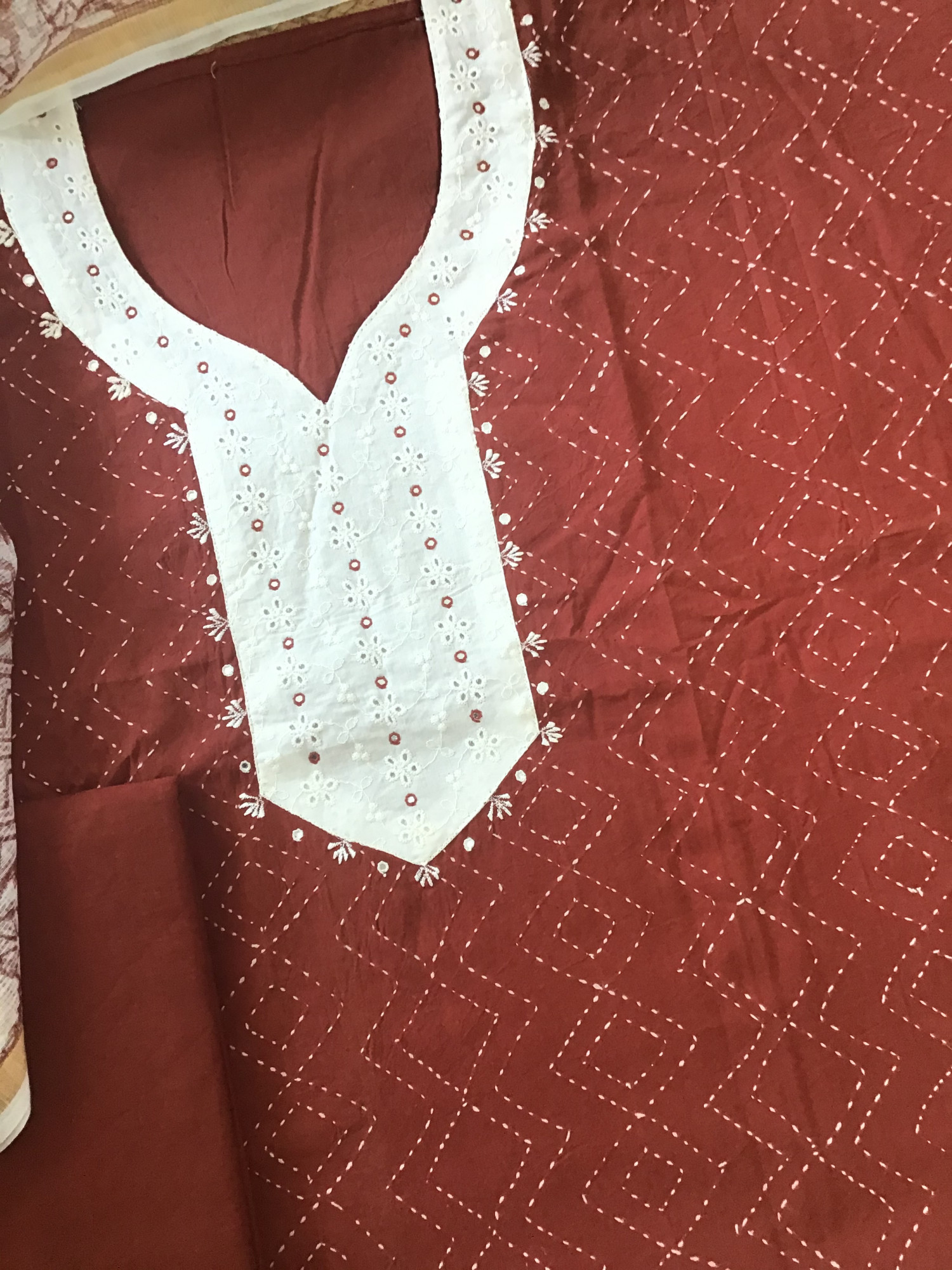 Pure Cotton Printed Embroidered Suit - Brick Red