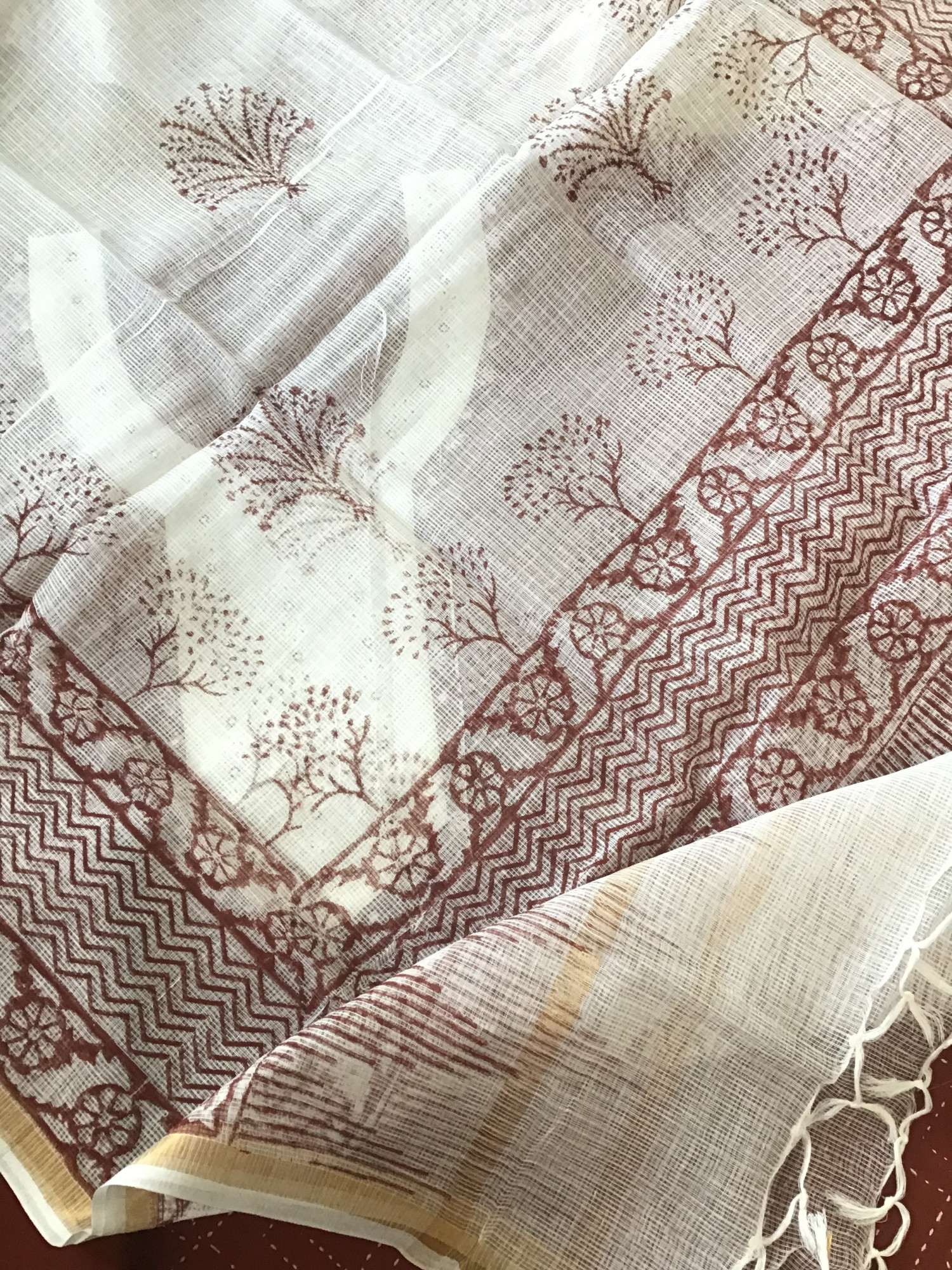 Pure Cotton Printed Embroidered Suit - Brick Red