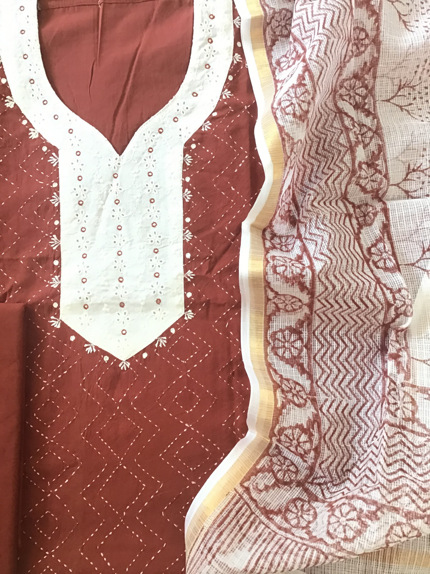 Pure Cotton Printed Embroidered Suit - Brick Red
