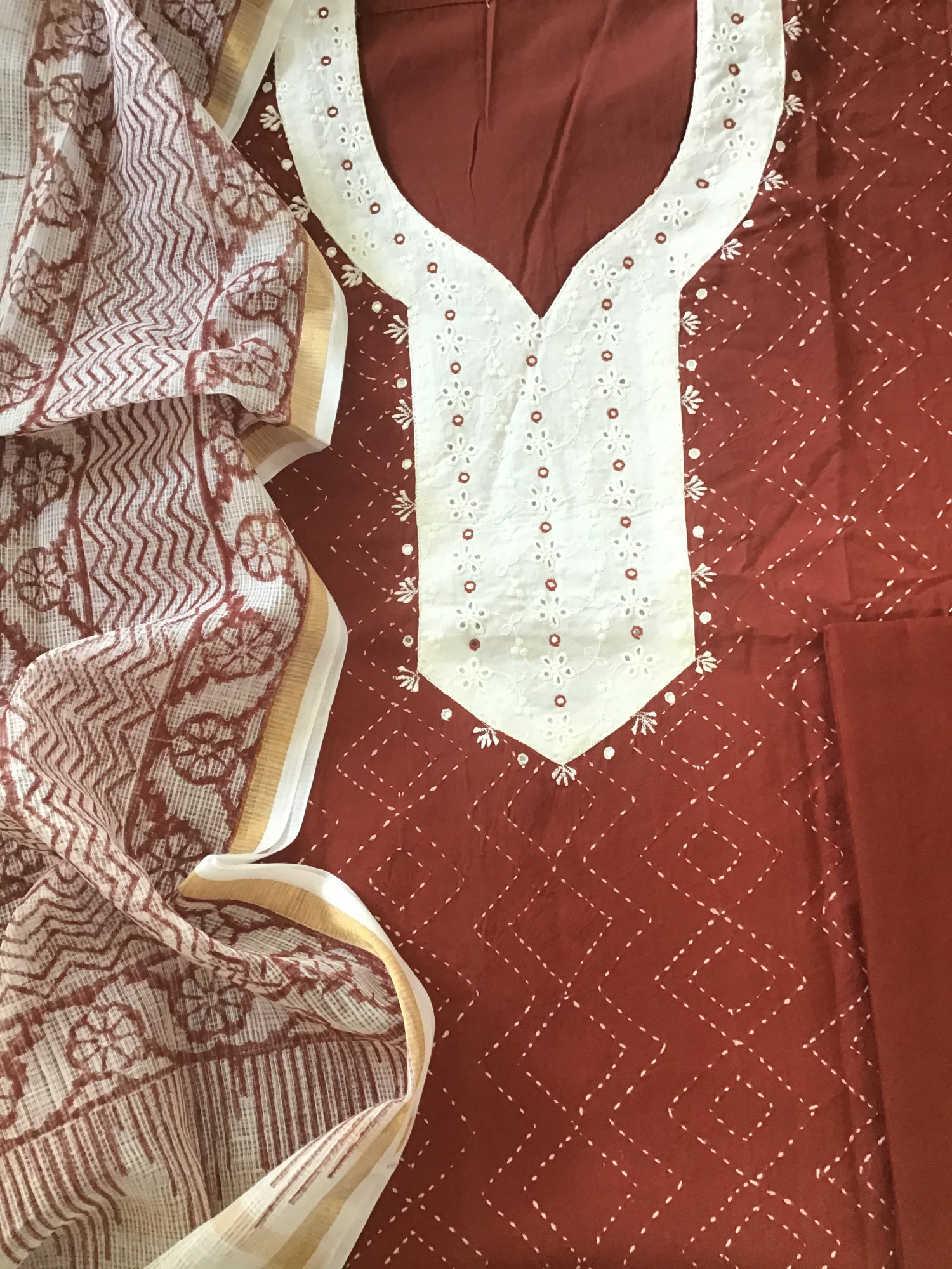 Pure Cotton Printed Embroidered Suit - Brick Red
