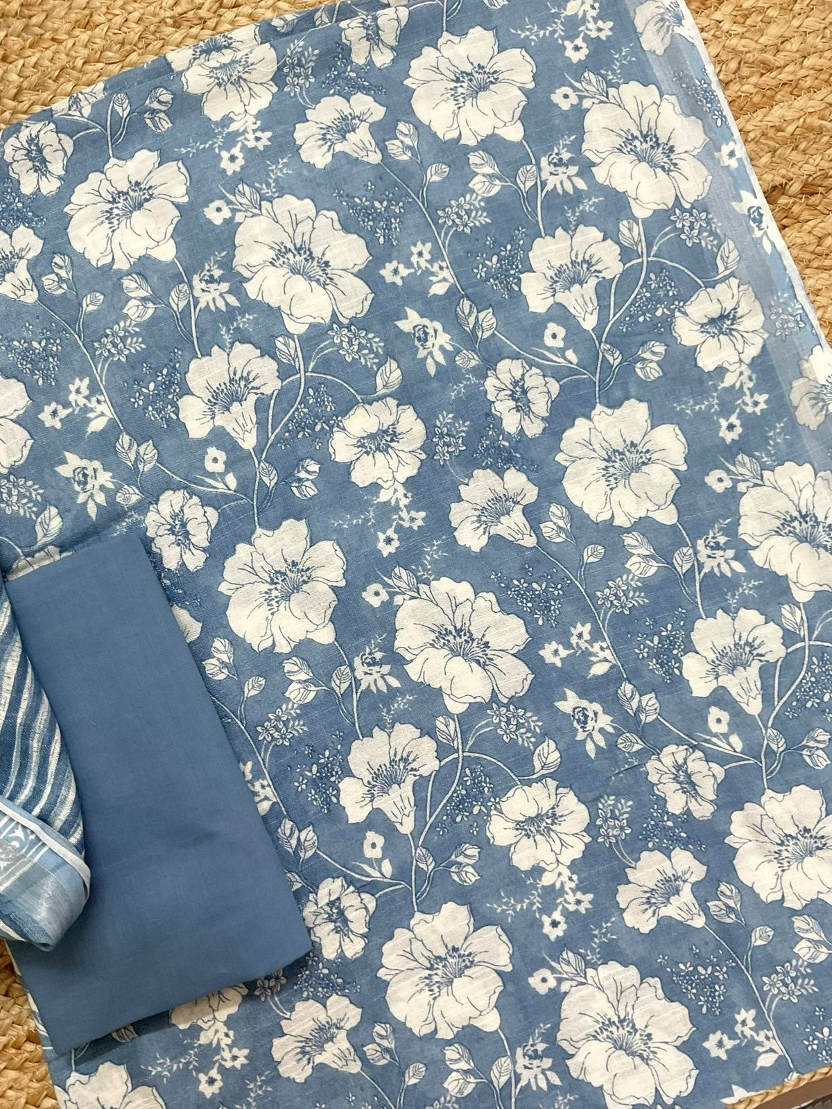 Pure Linen Jute Cotton Silk Printed Suit - Blue