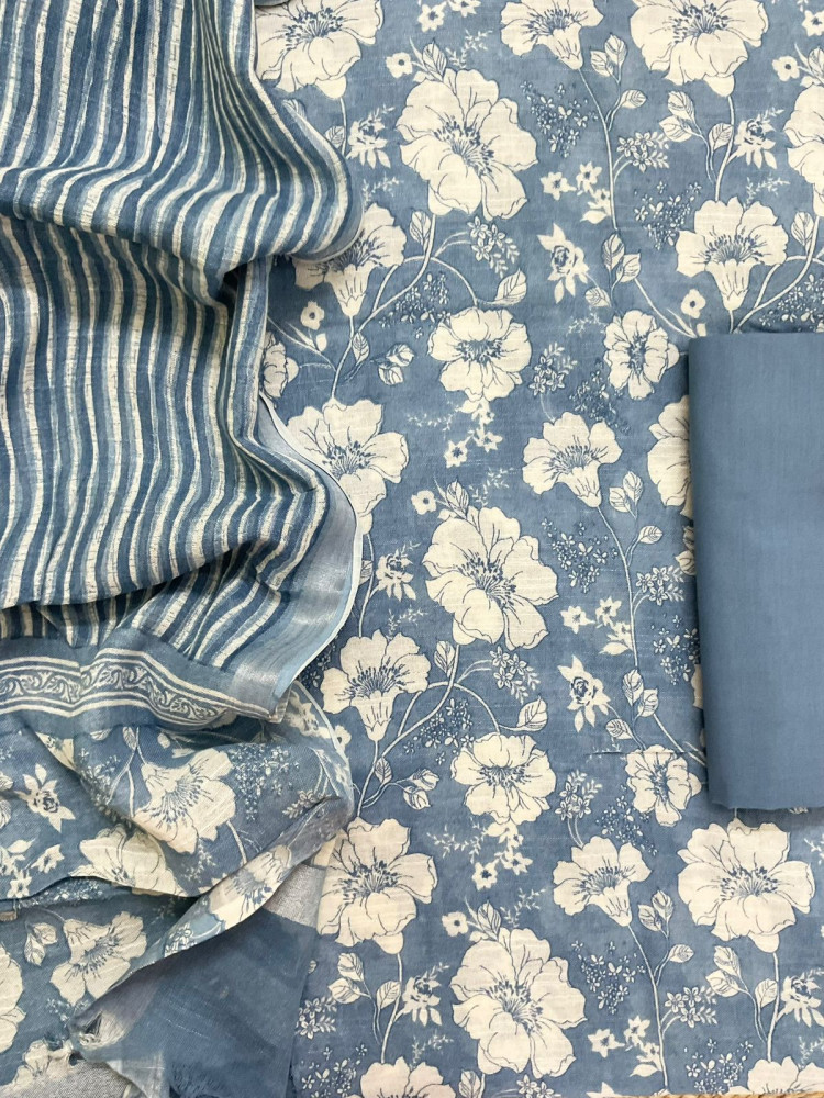 Image of Pure Linen Jute Cotton Silk Printed Suit - Blue