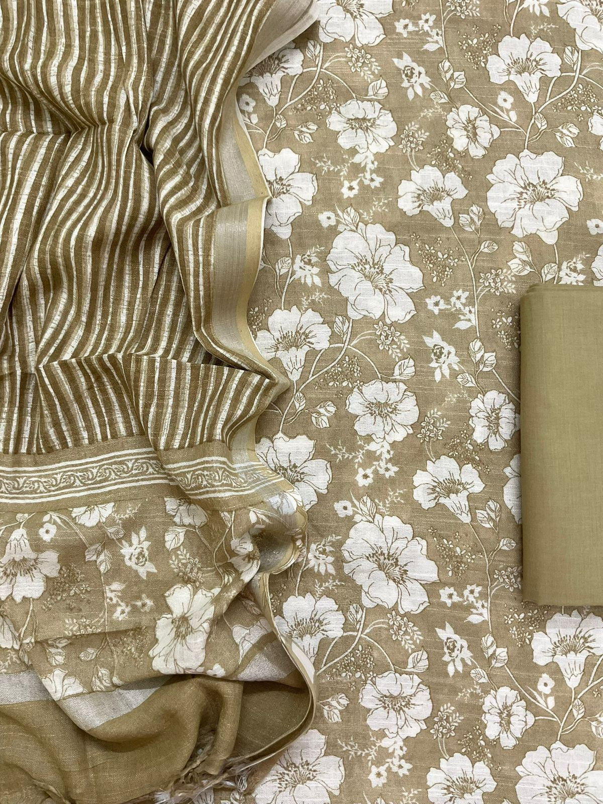 Pure Linen Jute Cotton Silk Printed Suit - Beige