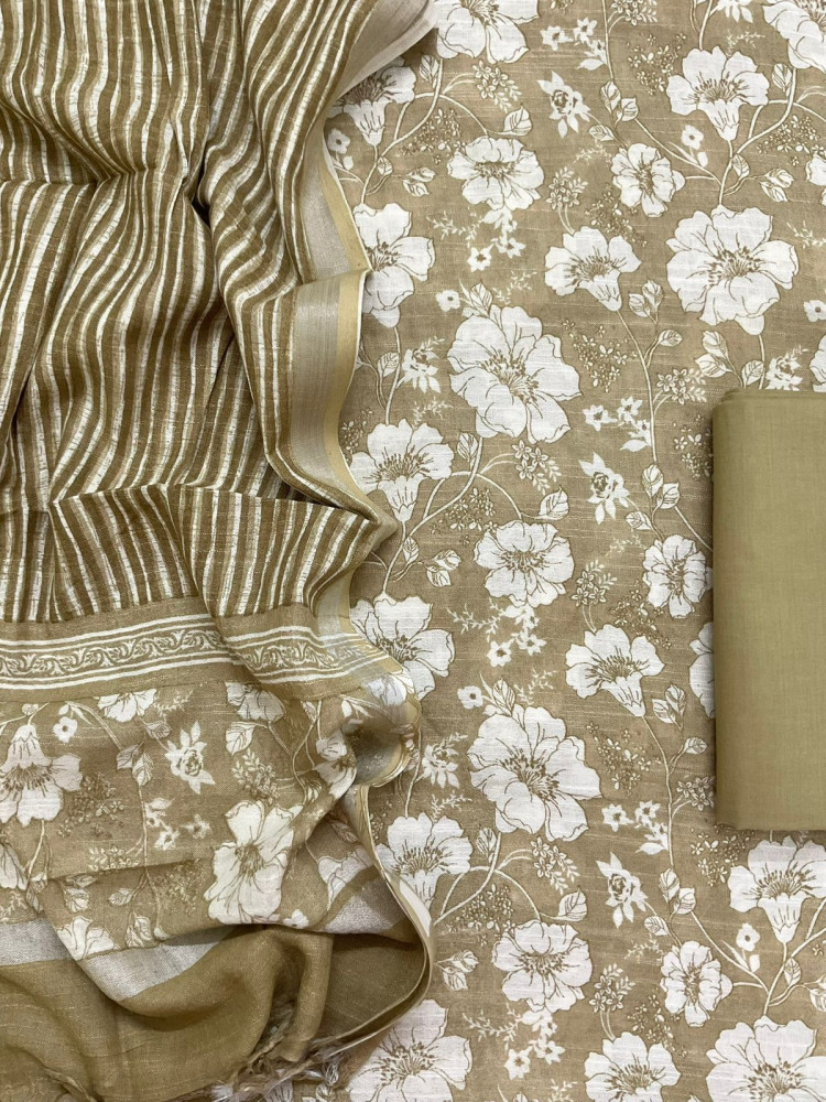 Image of Pure Linen Jute Cotton Silk Printed Suit - Beige