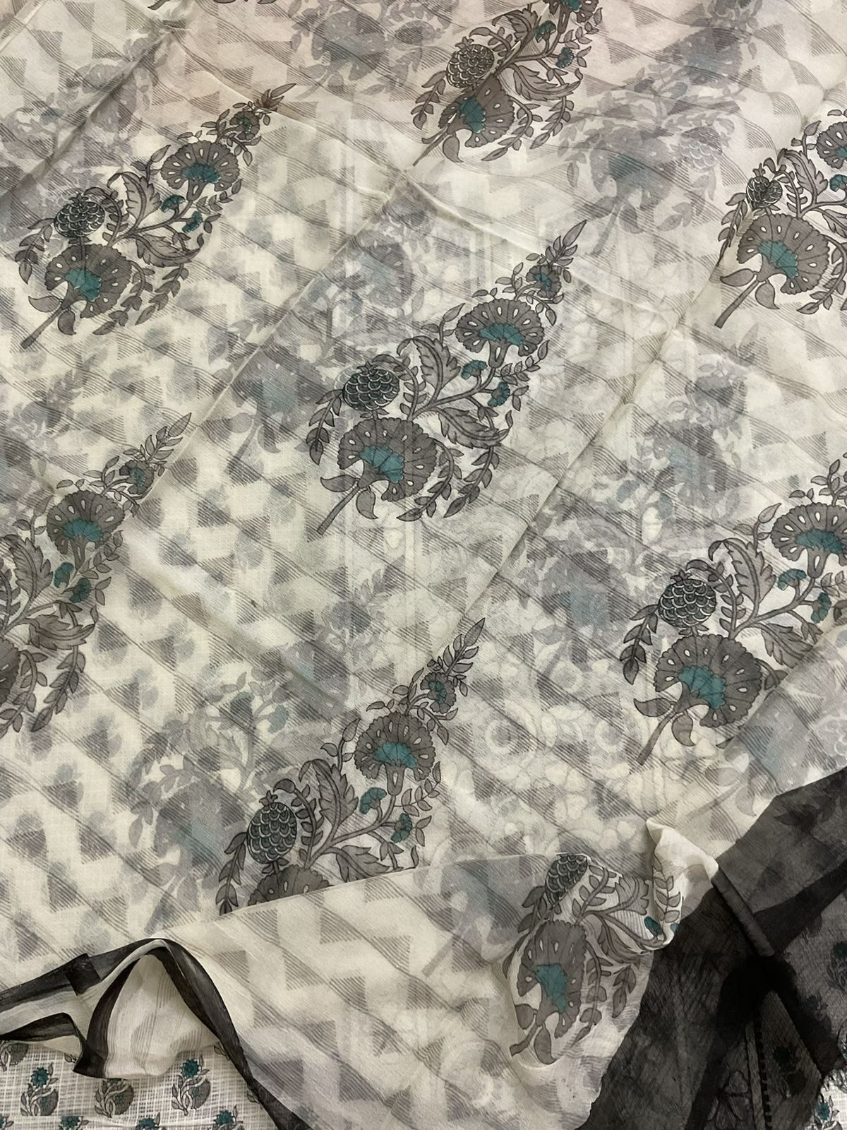 Pure Kota Cotton Printed Embroidered Suit - Off White