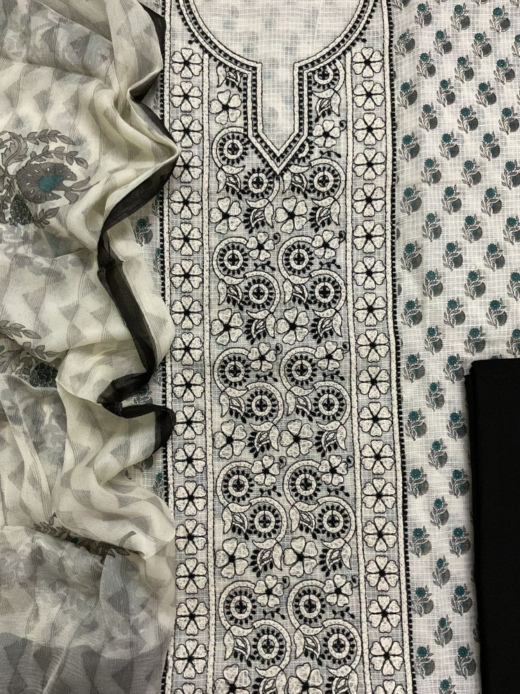 Image of Pure Kota Cotton Printed Embroidered Suit - Off White