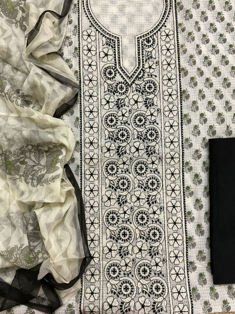 Image of Pure Kota Cotton Printed Embroidered Suit - Off White