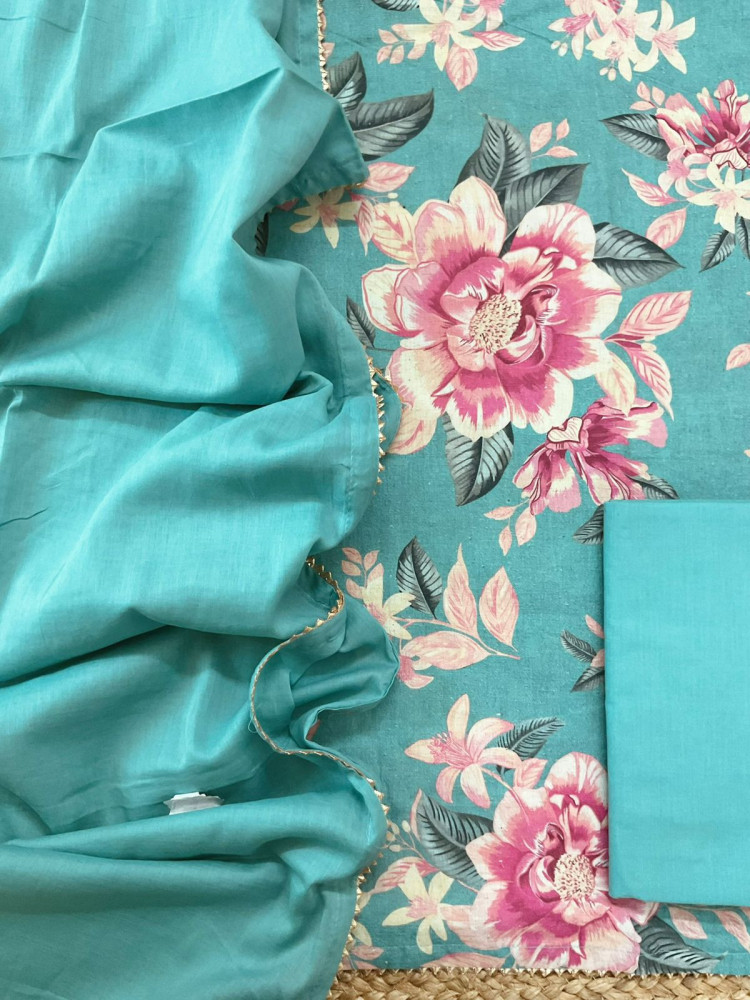 Image of Pure Slub Cotton Printed Suit - Blue