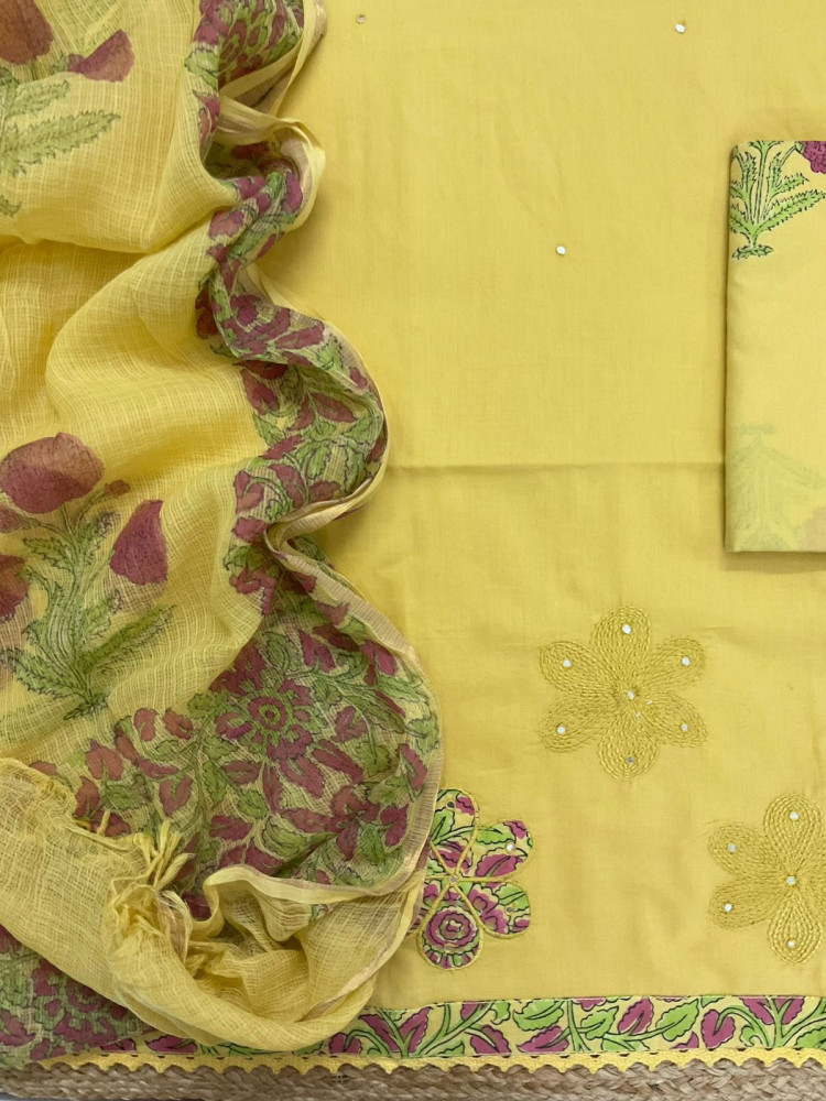 Image of Pure Cotton Printed Embroidered Suit - Yellow