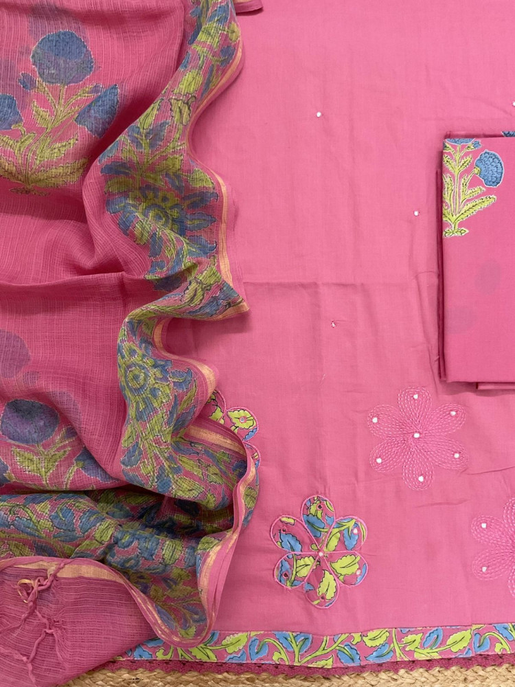Image of Pure Cotton Printed Embroidered Suit - Pink