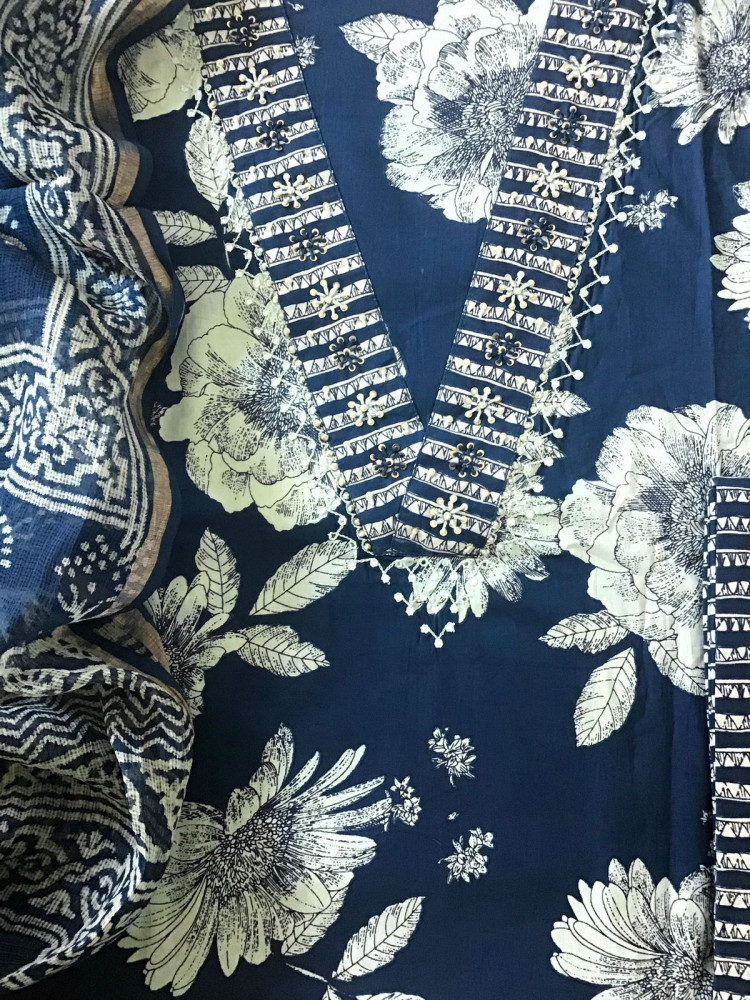 Image of Pure Cotton Printed Embroidered Suit - Blue