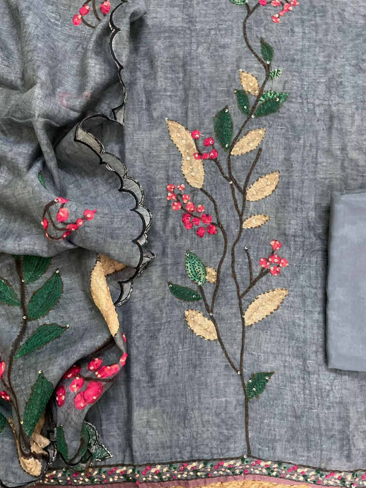 Image of Soft Kora Chanderi Printed Embroidered Suit - Grey