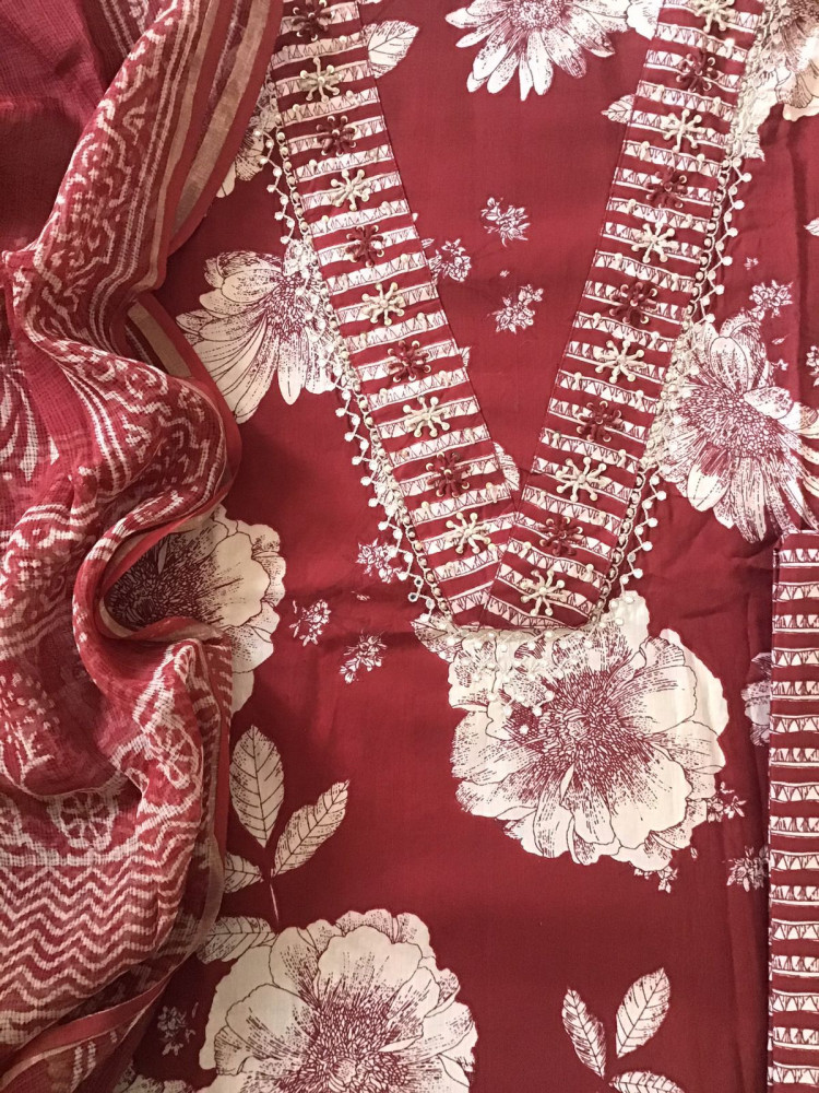 Image of Pure Cotton Printed Embroidered Suit - Red