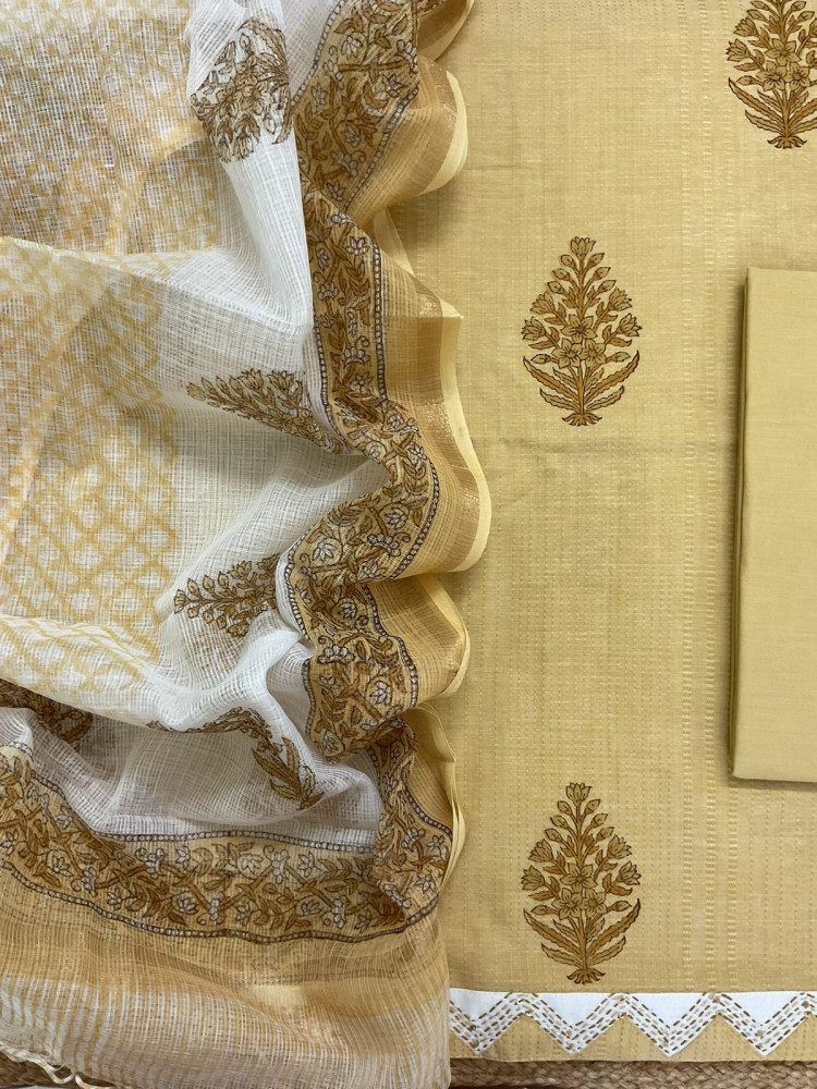Image of Pure Handloom Cotton Self Weaved Printed Embroidered Suit - Mustard Yellow
