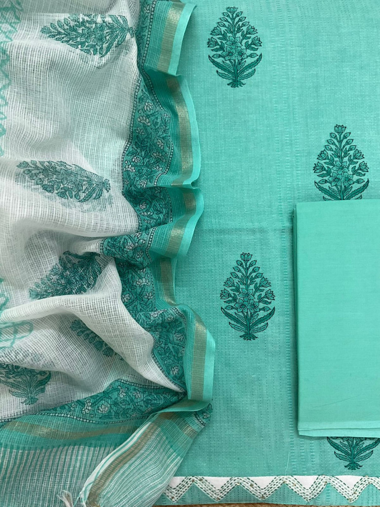 Image of Pure Handloom Cotton Self Weaved Printed Embroidered Suit - Green
