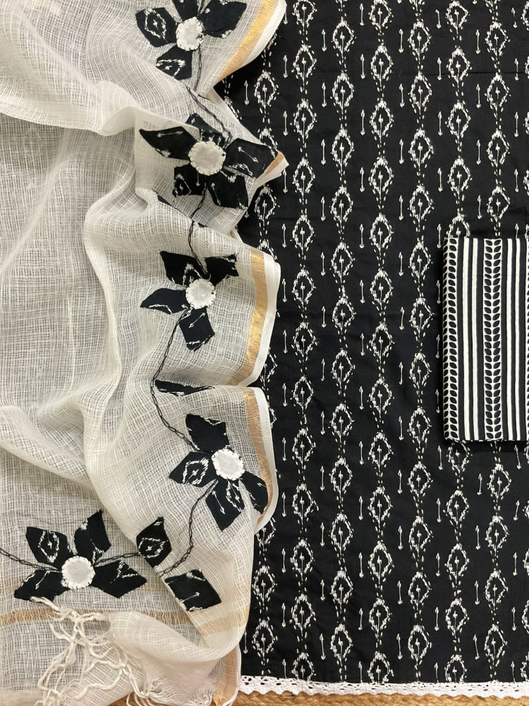 Image of Pure Cotton Printed Embroidered Suit - Black
